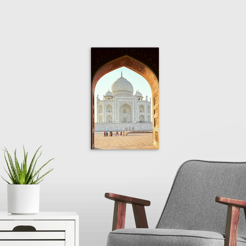 A modern room featuring India, Uttar Pradesh, Agra, Taj Mahal, view of the Taj Mahal from one of the arched doors in the ...