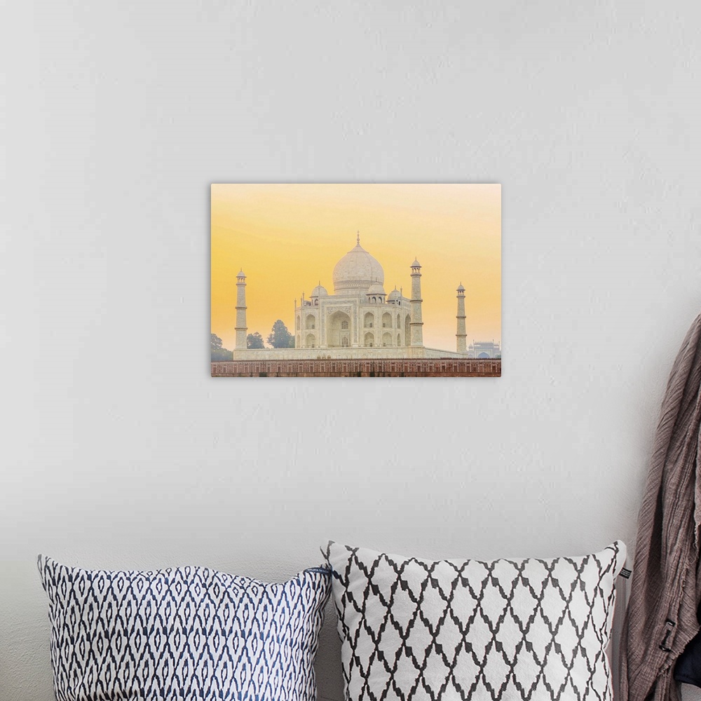 A bohemian room featuring India, Uttar Pradesh, Agra, Taj Mahal in golden dawn light