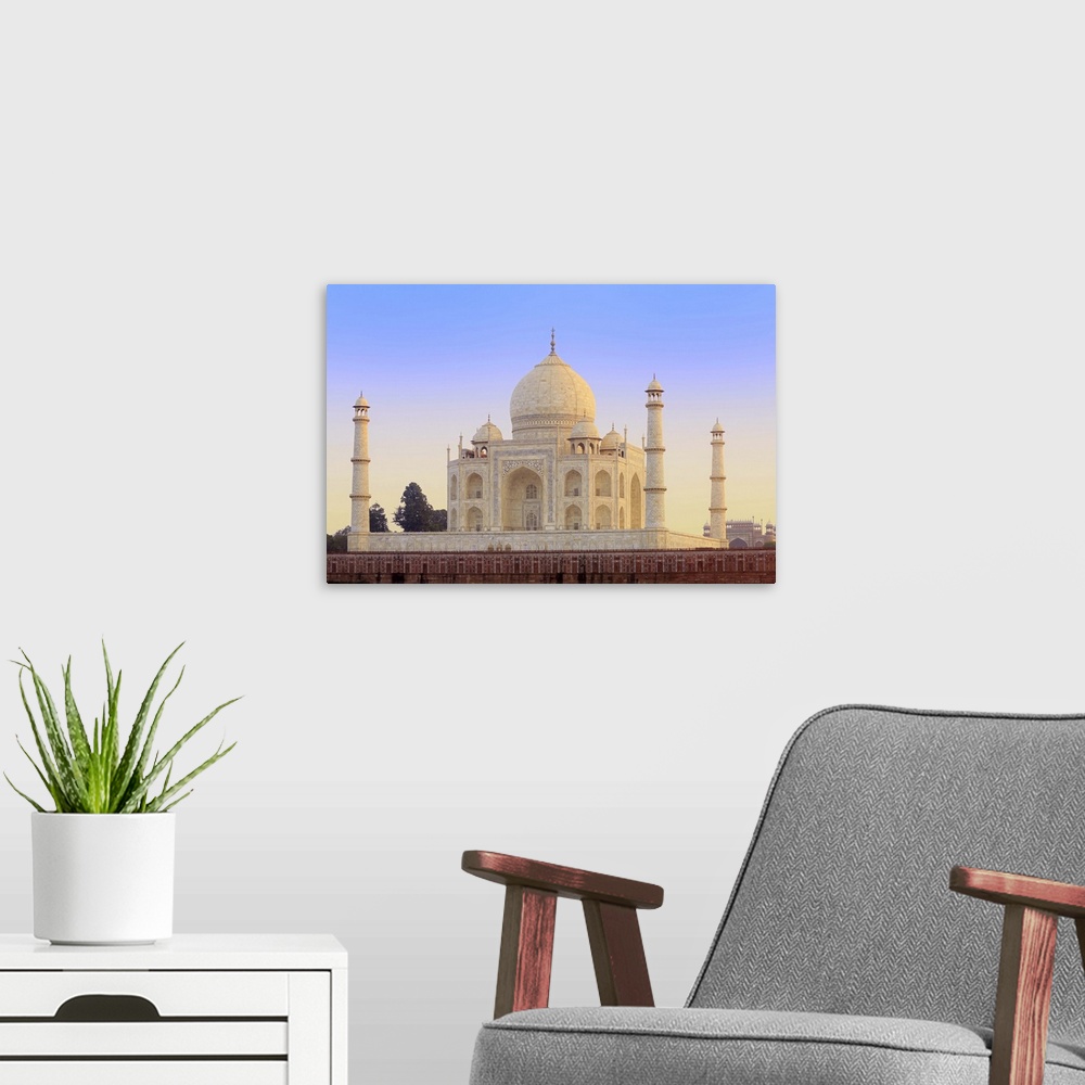 A modern room featuring India, Uttar Pradesh, Agra, Taj Mahal in rosy dawn light