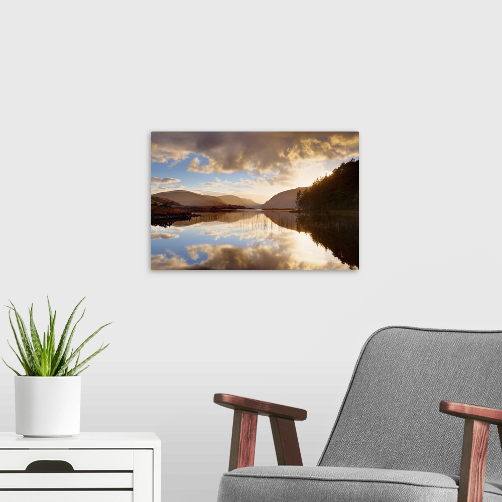 A modern room featuring Ireland, Co.Donegal, Glenveagh National Park, Reflection in Lough Veagh