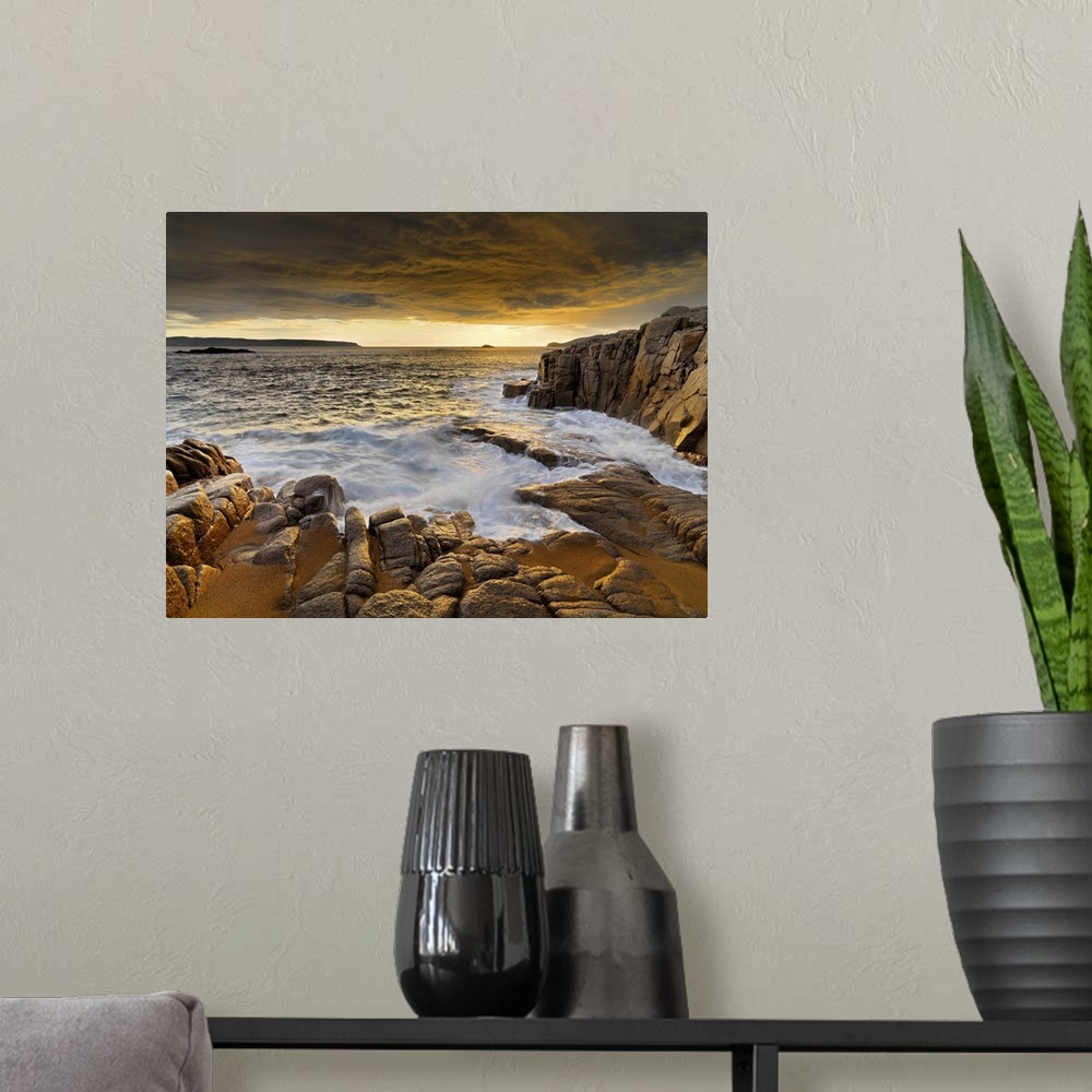 A modern room featuring Ireland, County Donegal, Cruit island at sunset.
