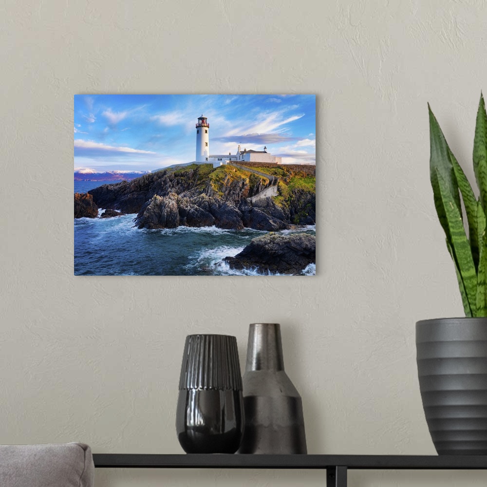 A modern room featuring Ireland, County Donegal, Fanad, Fanad lighthouse at dusk.