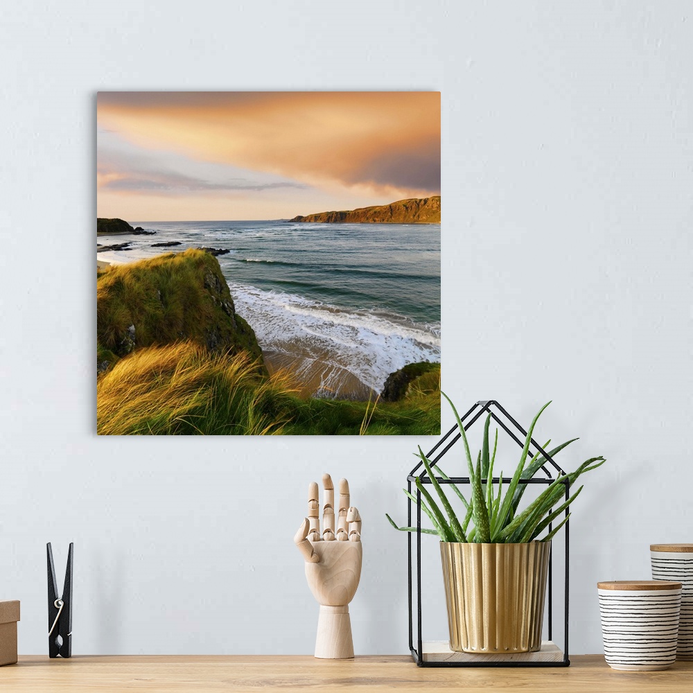 A bohemian room featuring Ireland, County Donegal, Inishowen, Doagh beach at dusk.