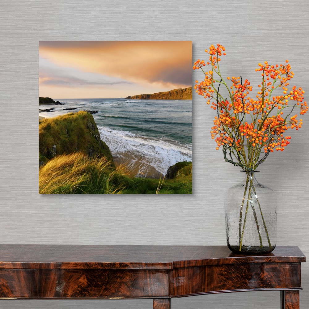 A traditional room featuring Ireland, County Donegal, Inishowen, Doagh beach at dusk.