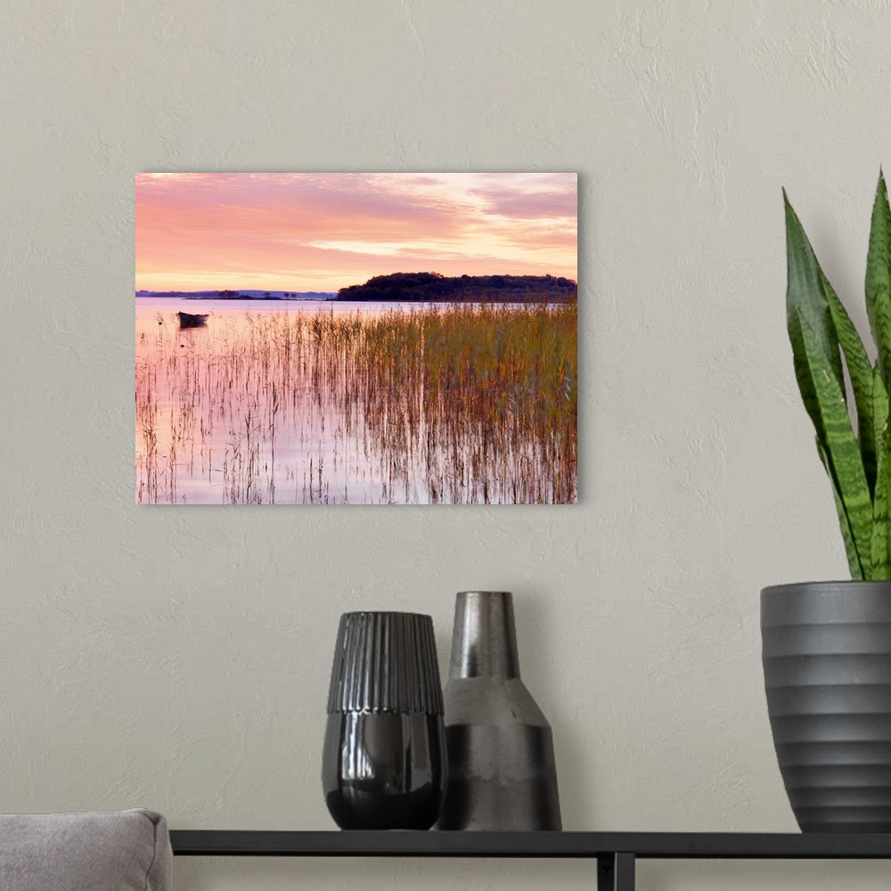A modern room featuring Ireland, County Mayo, Lough Conn at sunrise.