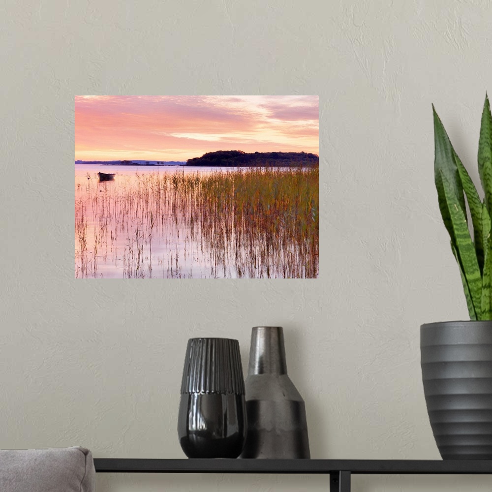 A modern room featuring Ireland, County Mayo, Lough Conn at sunrise.