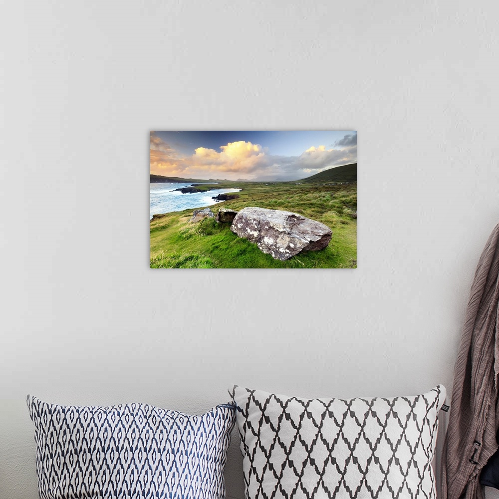 A bohemian room featuring Europe, Ireland, sunset view over Ballyferriter Bay, Sybil Point and the peaks of the Three Siste...