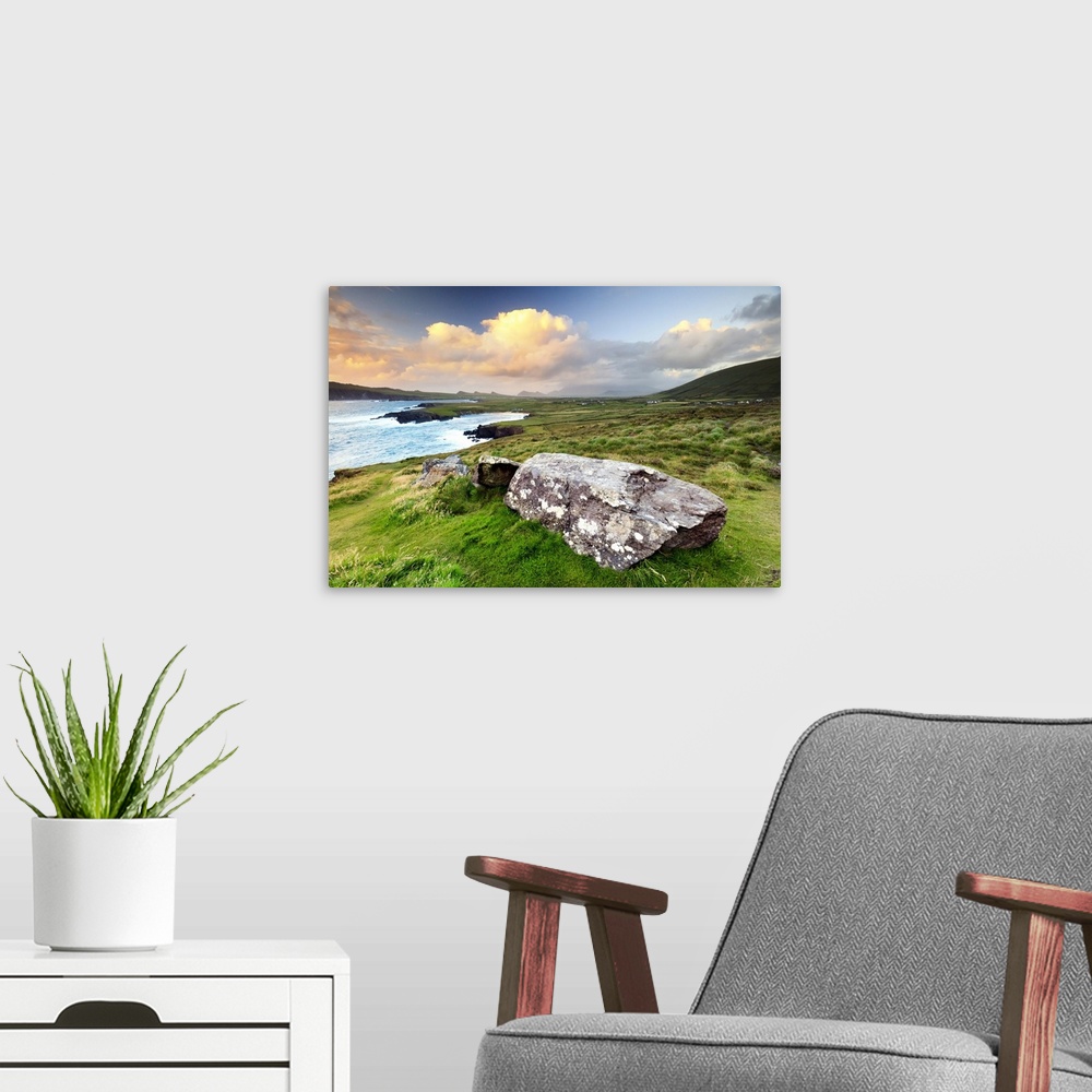 A modern room featuring Europe, Ireland, sunset view over Ballyferriter Bay, Sybil Point and the peaks of the Three Siste...