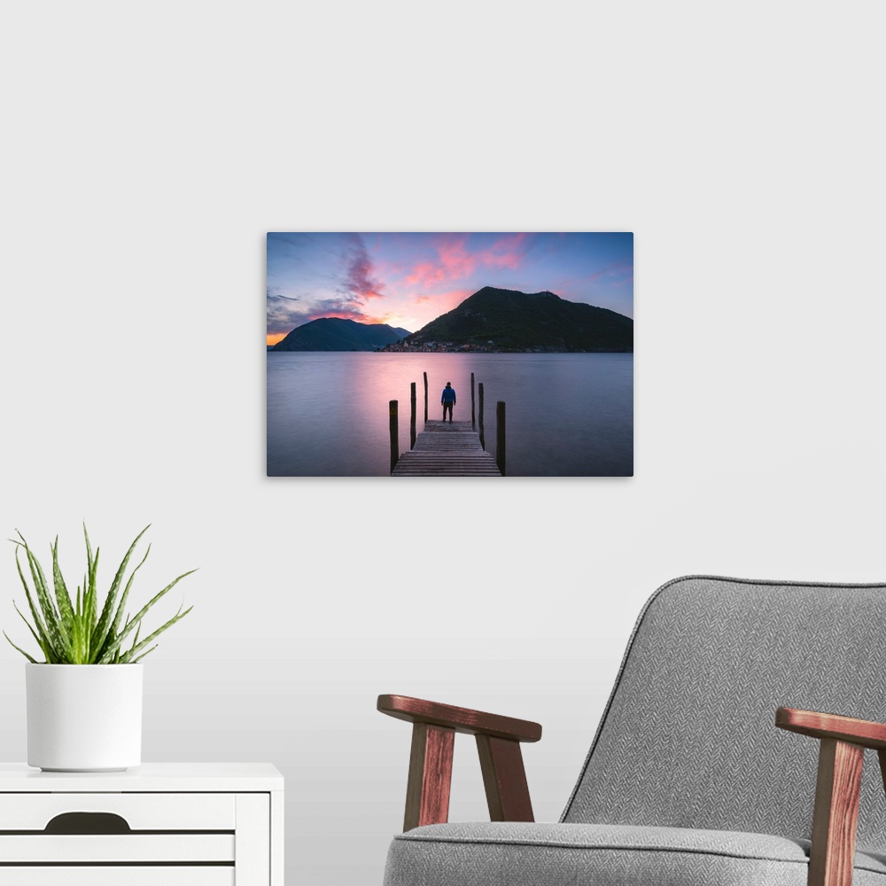 A modern room featuring Iseo lake at sunset, Brescia province, Lombardy district, Italy, Europe