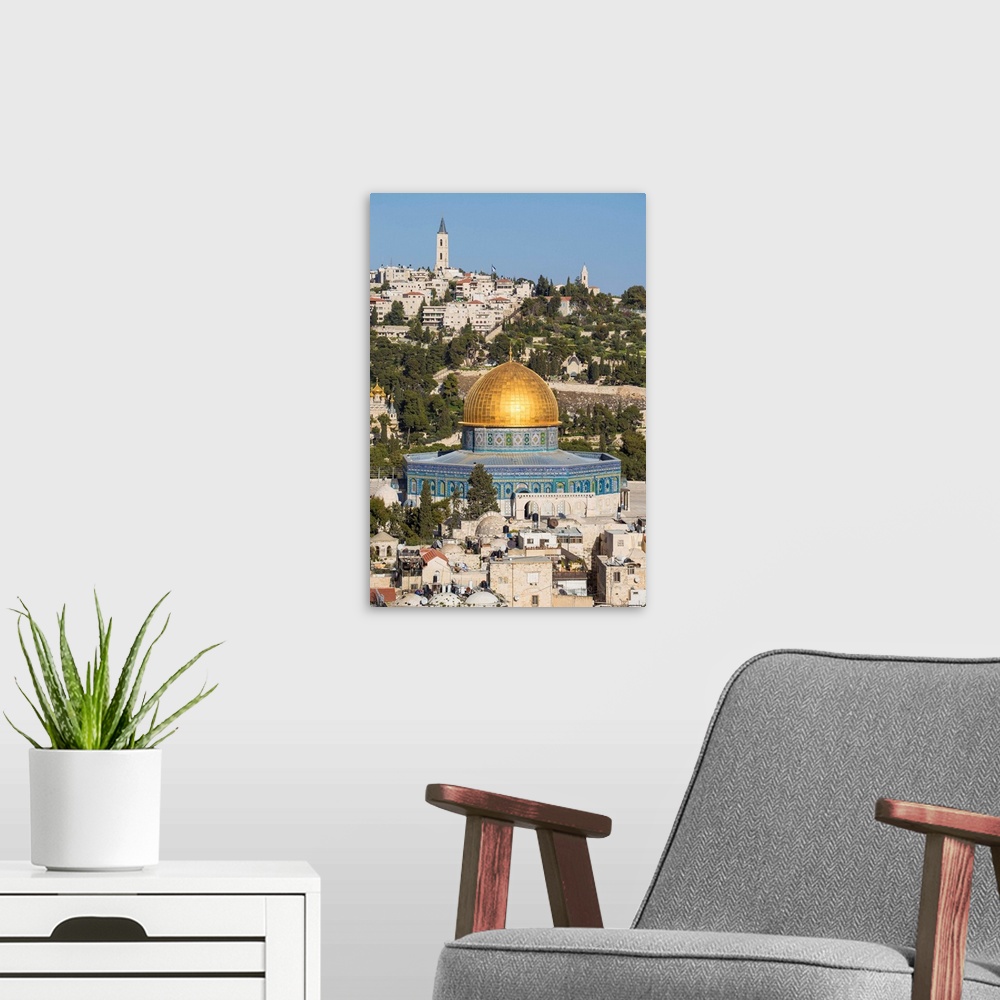 A modern room featuring Israel, Jerusalem, View of the Old City, Dome of the Rock on Temple Mount, and the Mount of Olives.