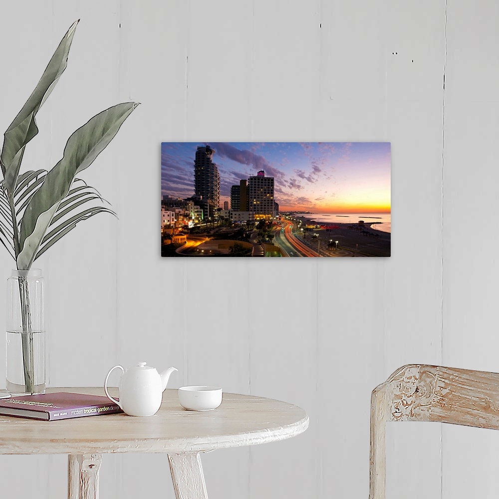 A farmhouse room featuring Israel, Tel Aviv, elevated dusk view of the city beachfront