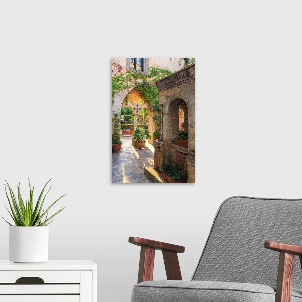 A modern room featuring Italy, Amalfi Coast, Ravello, Villa Rufolo. Cloister.