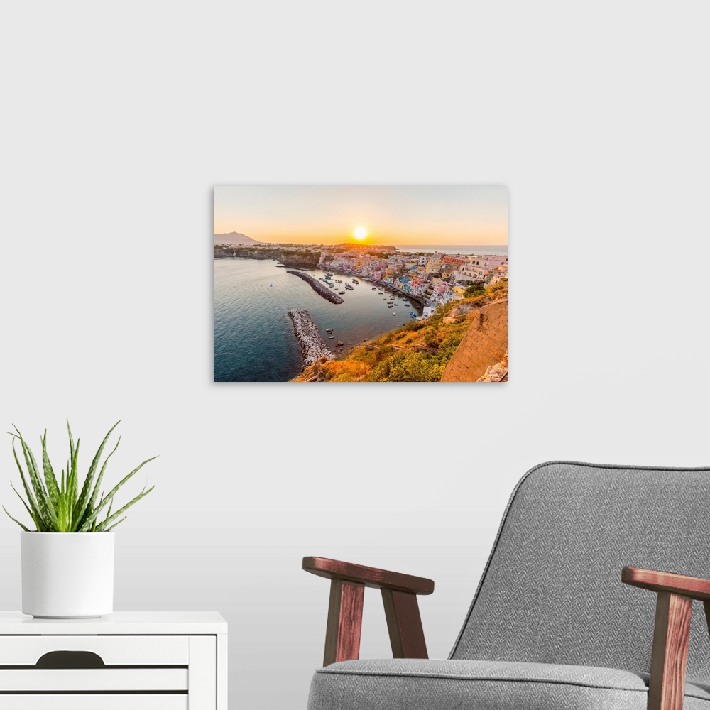 A modern room featuring Italy, Campania, Province Of Naples, Procida. Sunset At Marina Di Corricella
