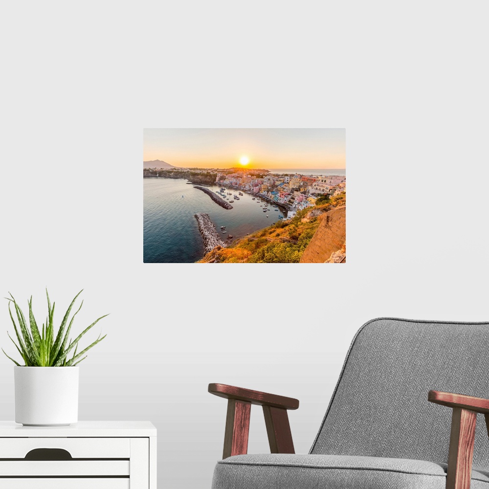 A modern room featuring Italy, Campania, Province Of Naples, Procida. Sunset At Marina Di Corricella