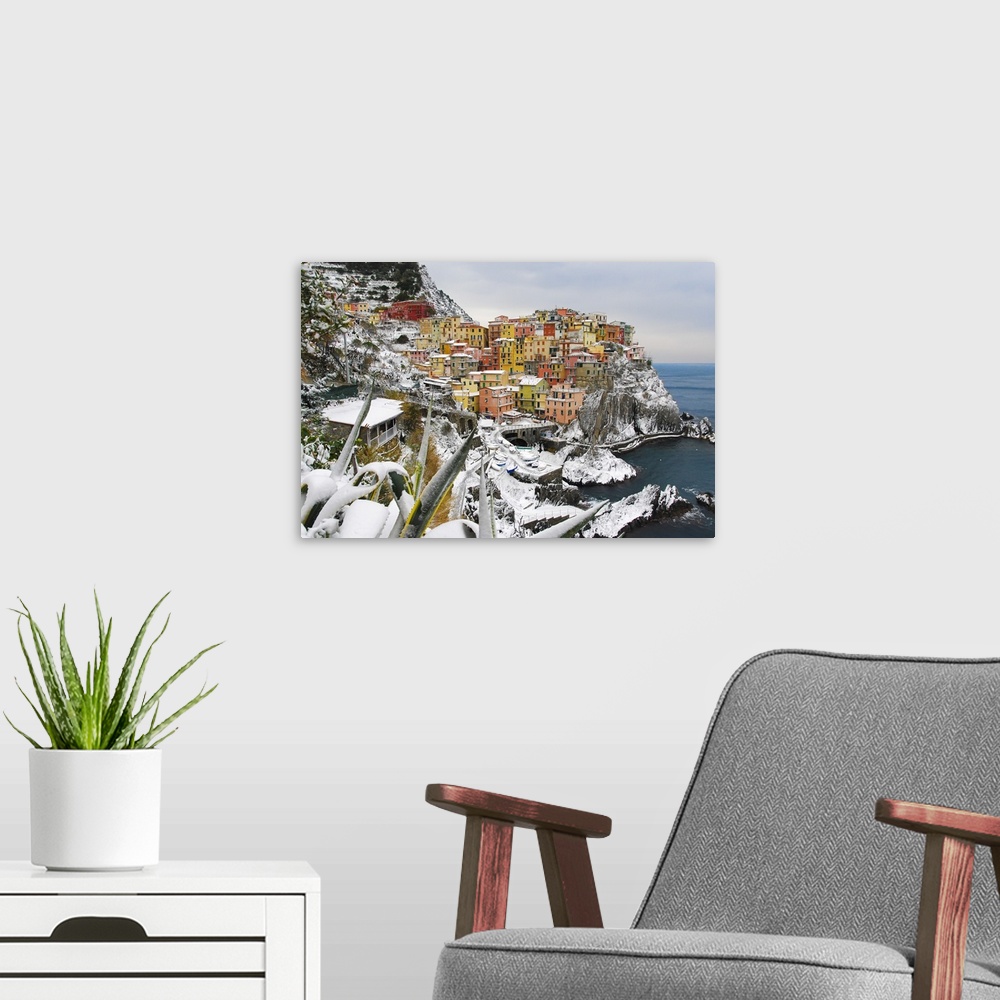 A modern room featuring Italy, Cinque Terre, Manarola. Snow in Manarola only every 25 years it happens to snow in the Cin...
