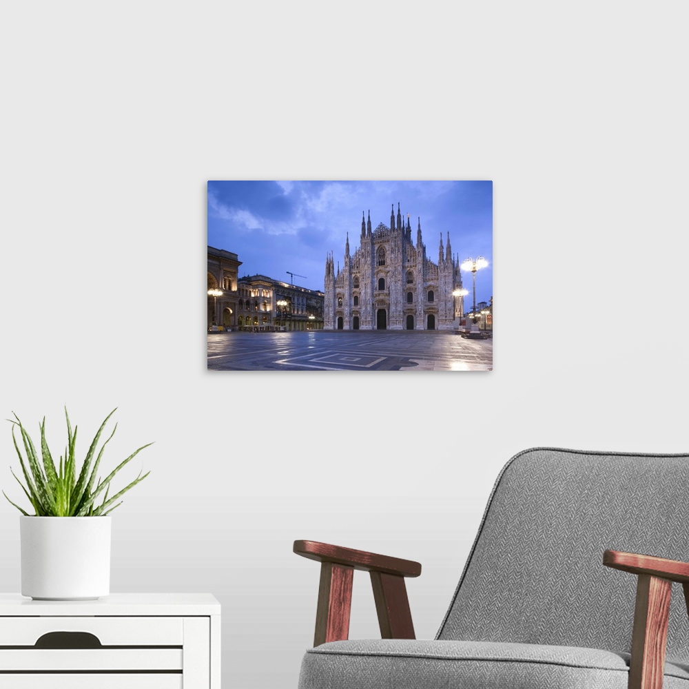 A modern room featuring Italy, Lombardy, Milan, Piazza del Duomo, Duomo, cathedral, dawn