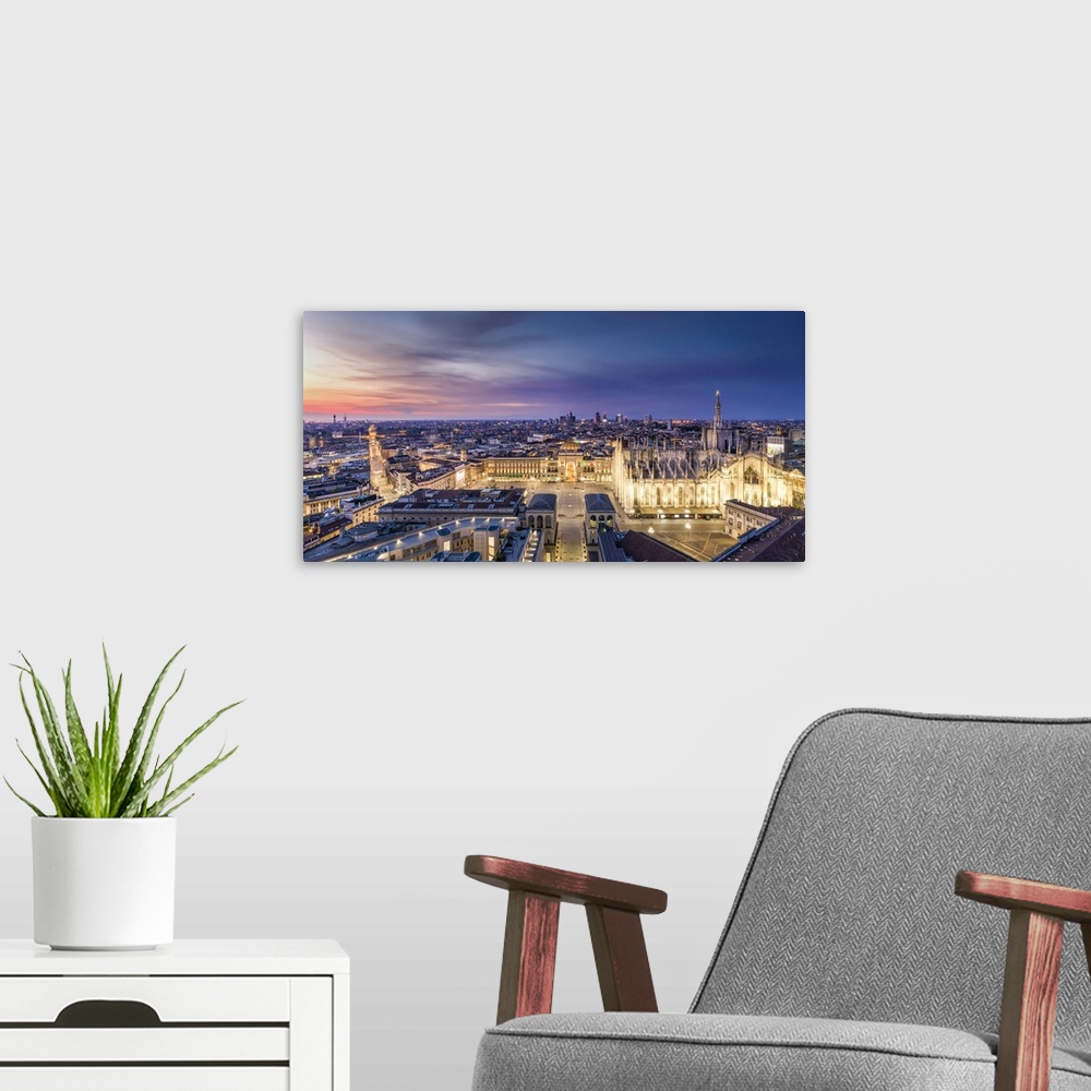 A modern room featuring Italy, Lombardy, Milan, Piazza Duomo with the domes of Galleria Vittorio Emanuele II and Santa Ma...