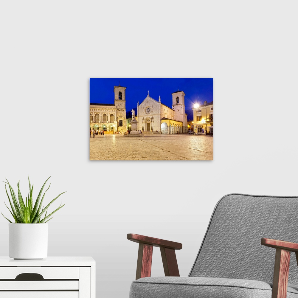 A modern room featuring Italy, Umbria, Perugia district, Monti Sibillini National Park, Norcia, Piazza San Benedetto