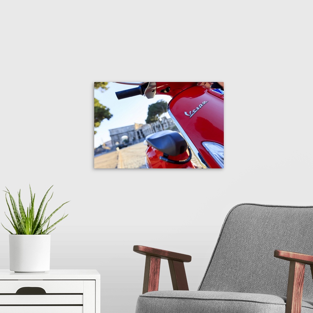 A modern room featuring Italy, Rome, a young couple on a red Vespa motorbike enjoying the sunset at Colosseum and Roman F...