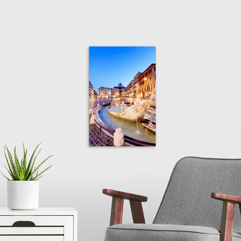 A modern room featuring Italy, Rome, Spagna Square with Trinit dei Monti and Barcaccia fountain by night