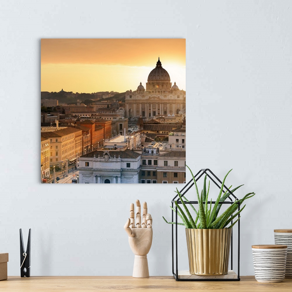 A bohemian room featuring Italy, Rome, St. Peter Basilica and Via della Conciliazione elevated view at sunset