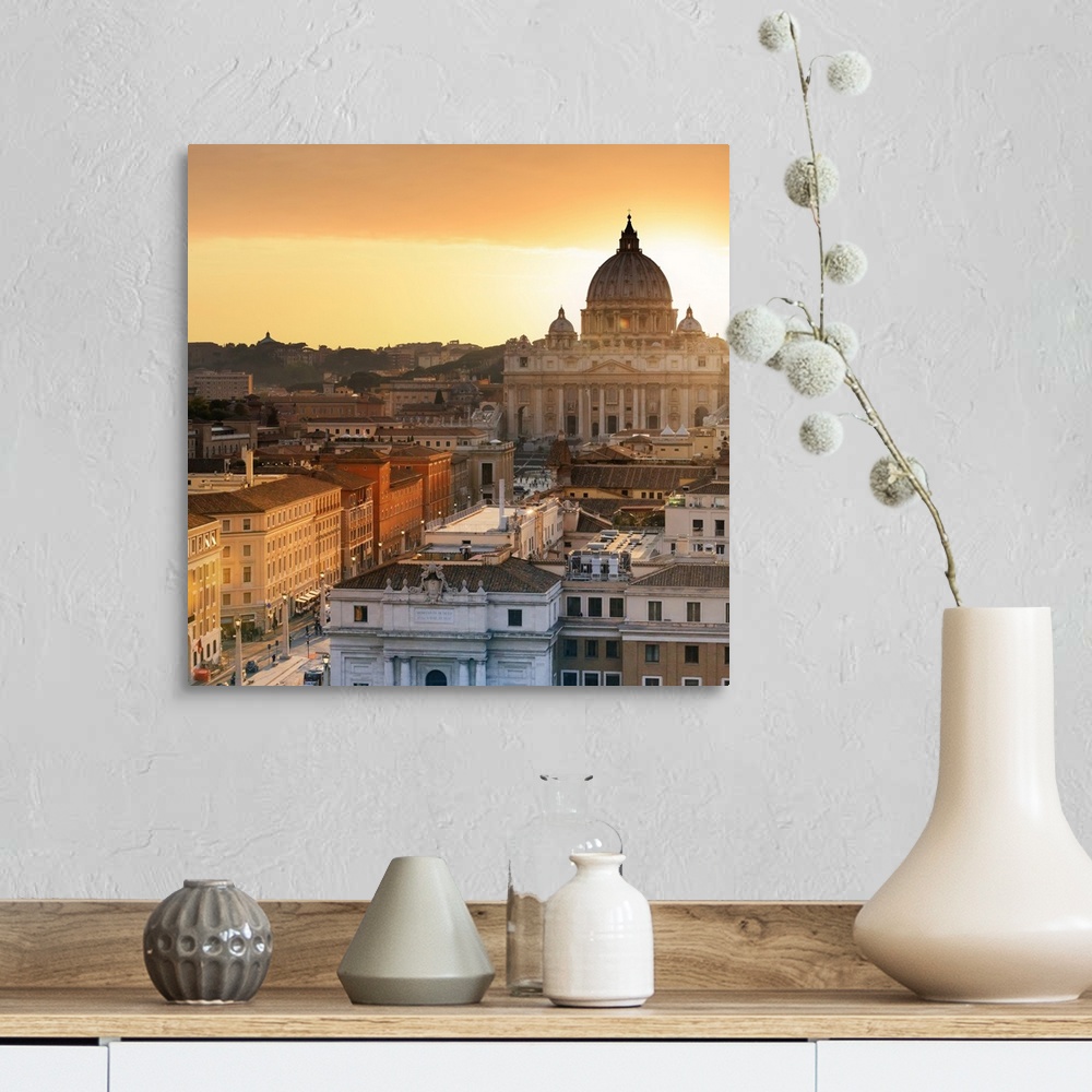 A farmhouse room featuring Italy, Rome, St. Peter Basilica and Via della Conciliazione elevated view at sunset