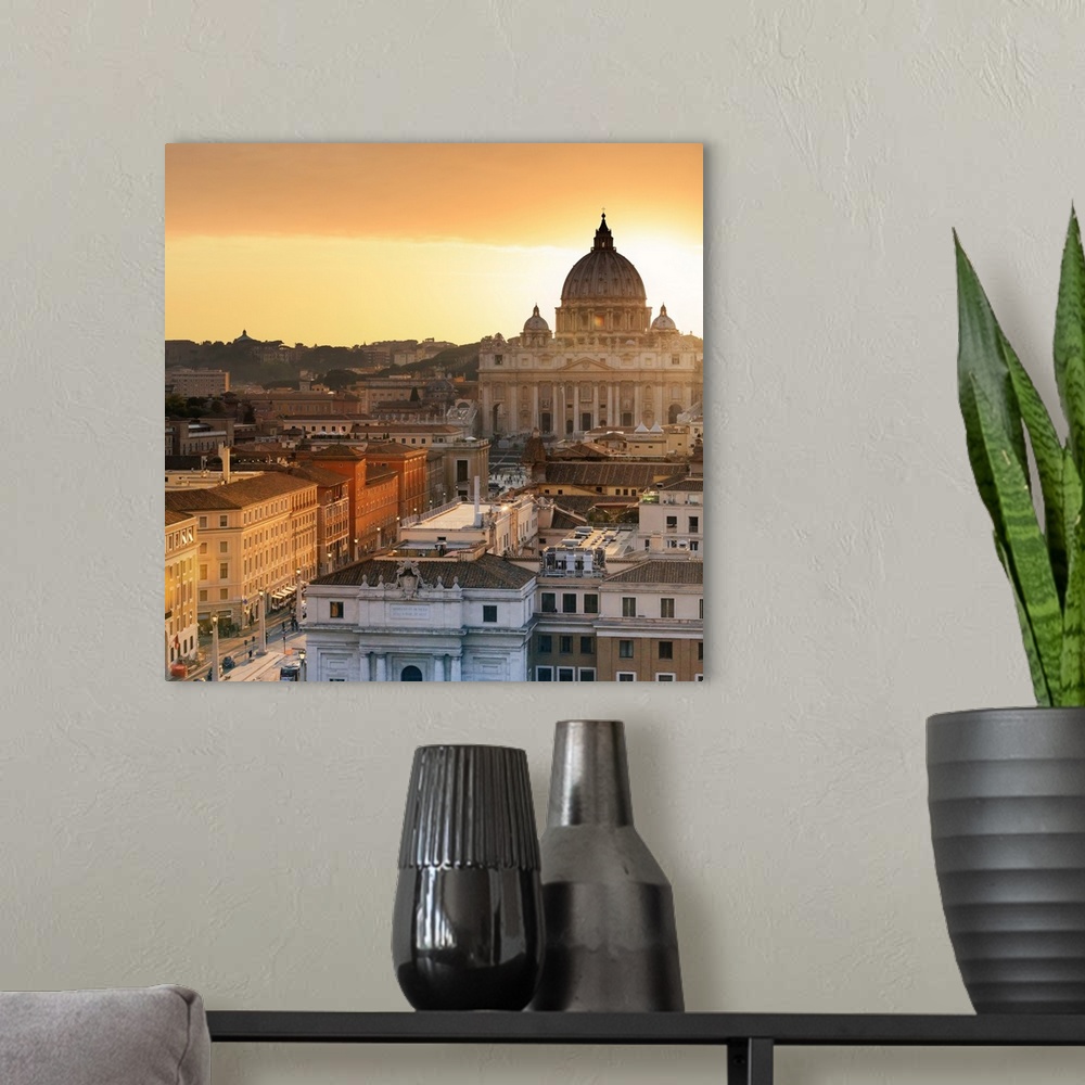 A modern room featuring Italy, Rome, St. Peter Basilica and Via della Conciliazione elevated view at sunset