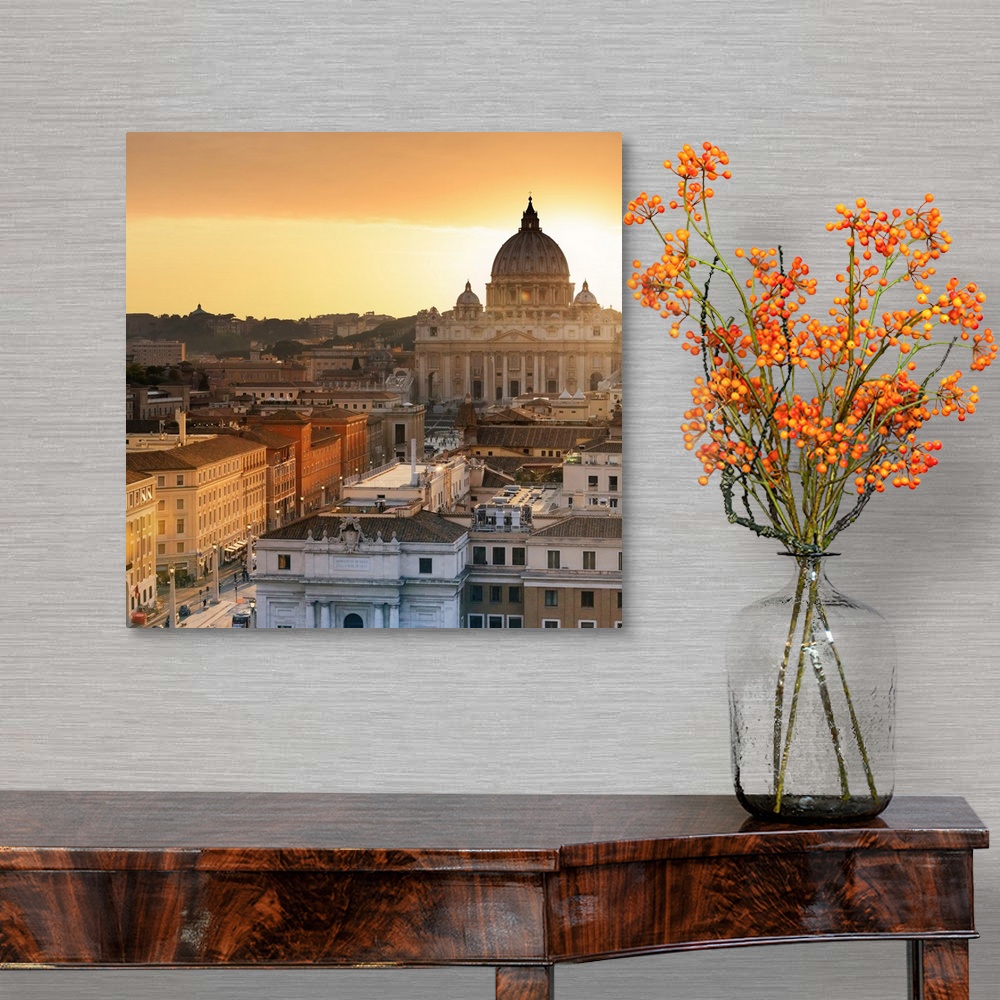 A traditional room featuring Italy, Rome, St. Peter Basilica and Via della Conciliazione elevated view at sunset