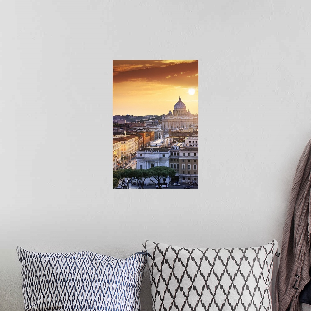 A bohemian room featuring Italy, Rome, St. Peter Basilica and Via della Conciliazione elevated view at sunset