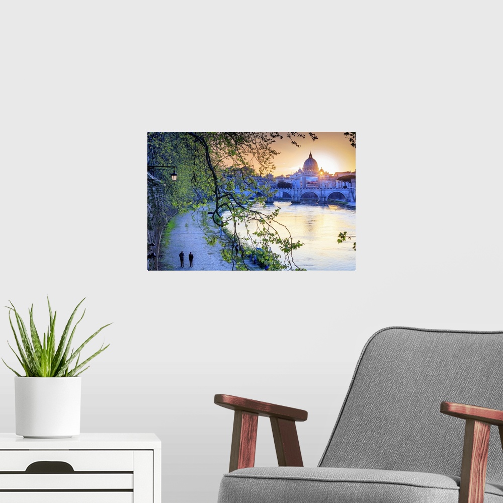 A modern room featuring Italy, Rome, St. Peter Basilica at sunset reflecting on Tevere river