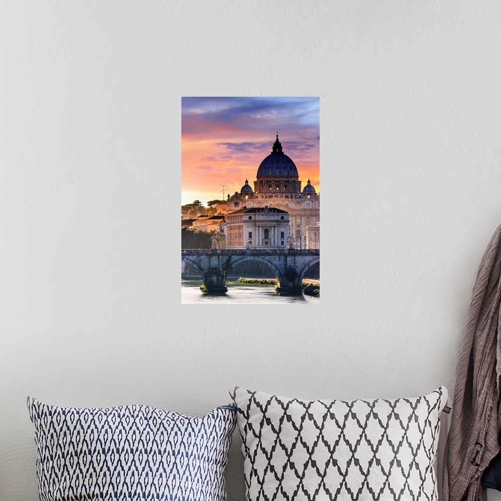 A bohemian room featuring Italy, Rome, St. Peter Basilica at sunset reflecting on Tevere river