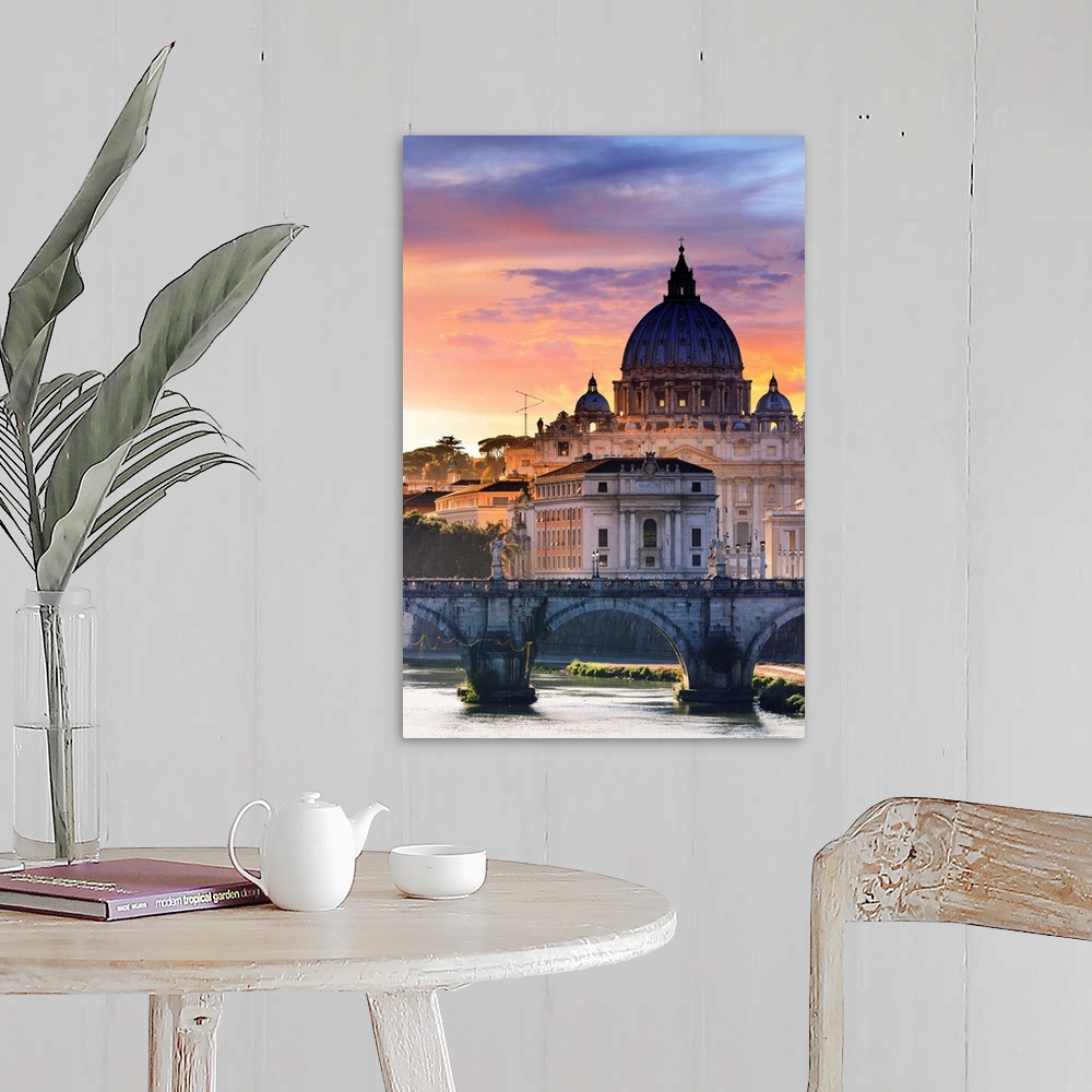A farmhouse room featuring Italy, Rome, St. Peter Basilica at sunset reflecting on Tevere river