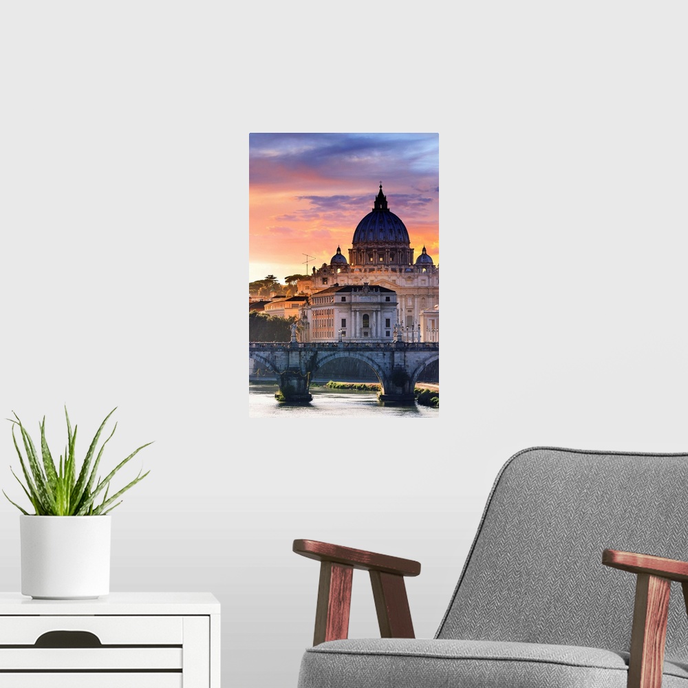A modern room featuring Italy, Rome, St. Peter Basilica at sunset reflecting on Tevere river
