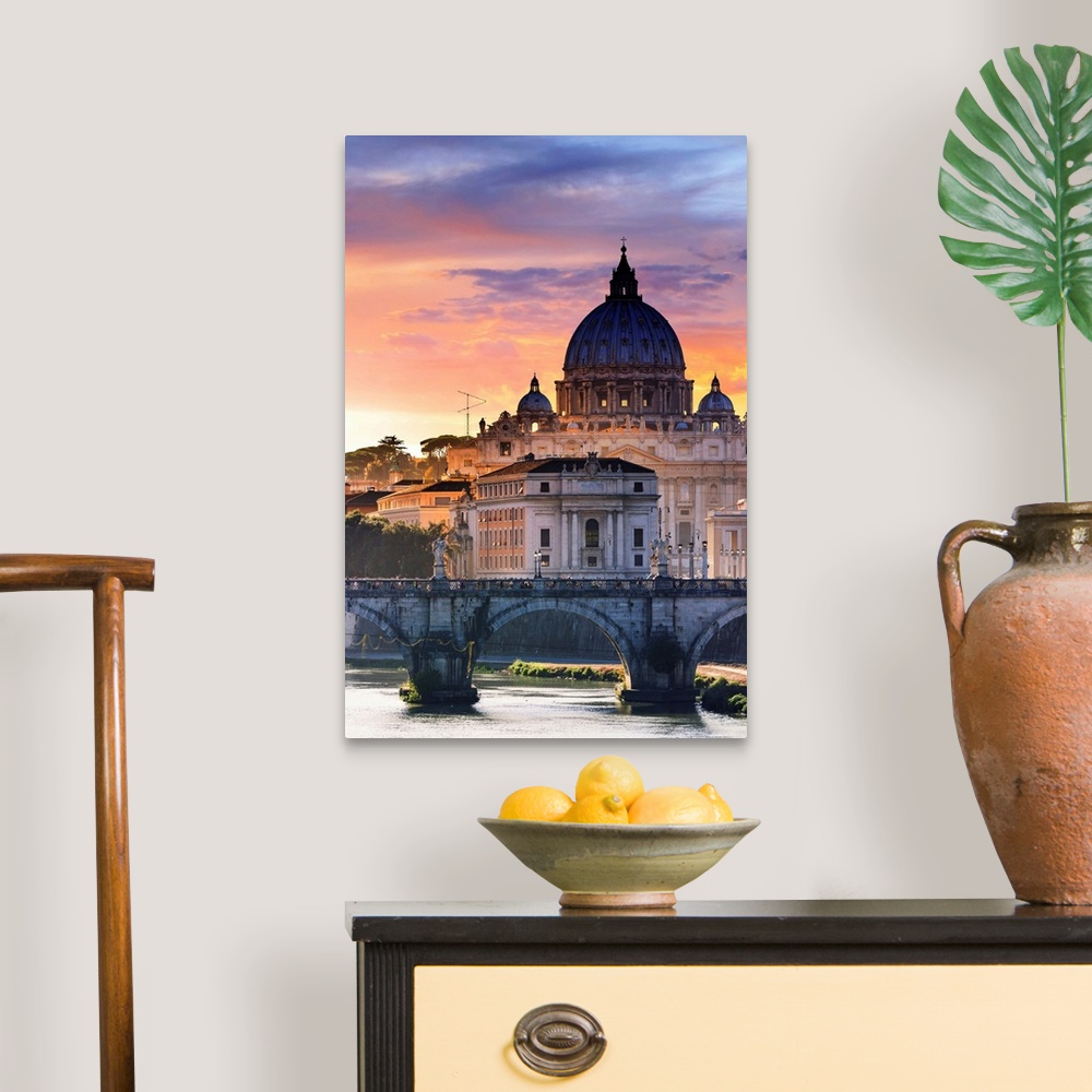 A traditional room featuring Italy, Rome, St. Peter Basilica at sunset reflecting on Tevere river
