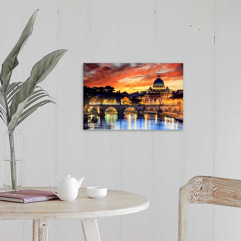 A farmhouse room featuring Italy, Rome, St. Peter Basilica by night reflecting on Tevere river