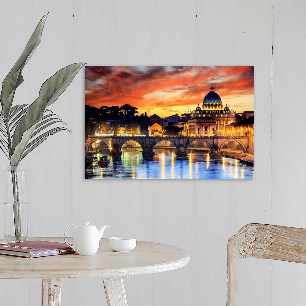 A farmhouse room featuring Italy, Rome, St. Peter Basilica by night reflecting on Tevere river