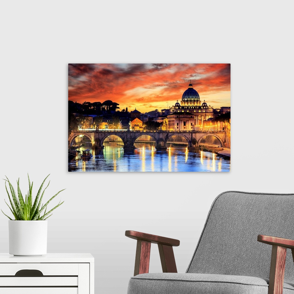 A modern room featuring Italy, Rome, St. Peter Basilica by night reflecting on Tevere river
