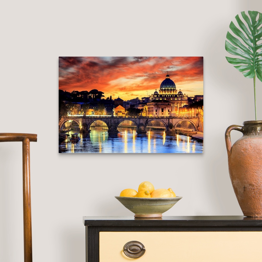 A traditional room featuring Italy, Rome, St. Peter Basilica by night reflecting on Tevere river