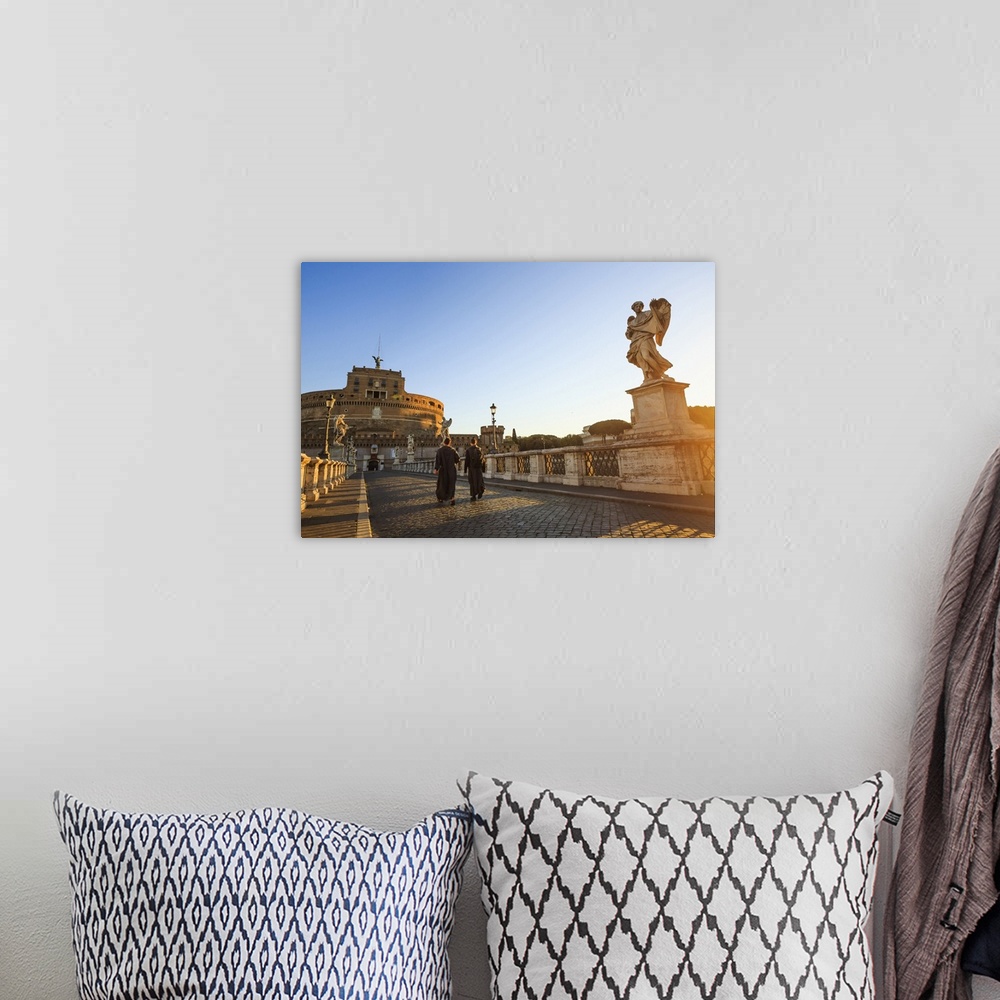 A bohemian room featuring Italy, Rome, two monks walking at Mausoleum of Hadrian (known as Castel Sant'Angelo)  at sunrise