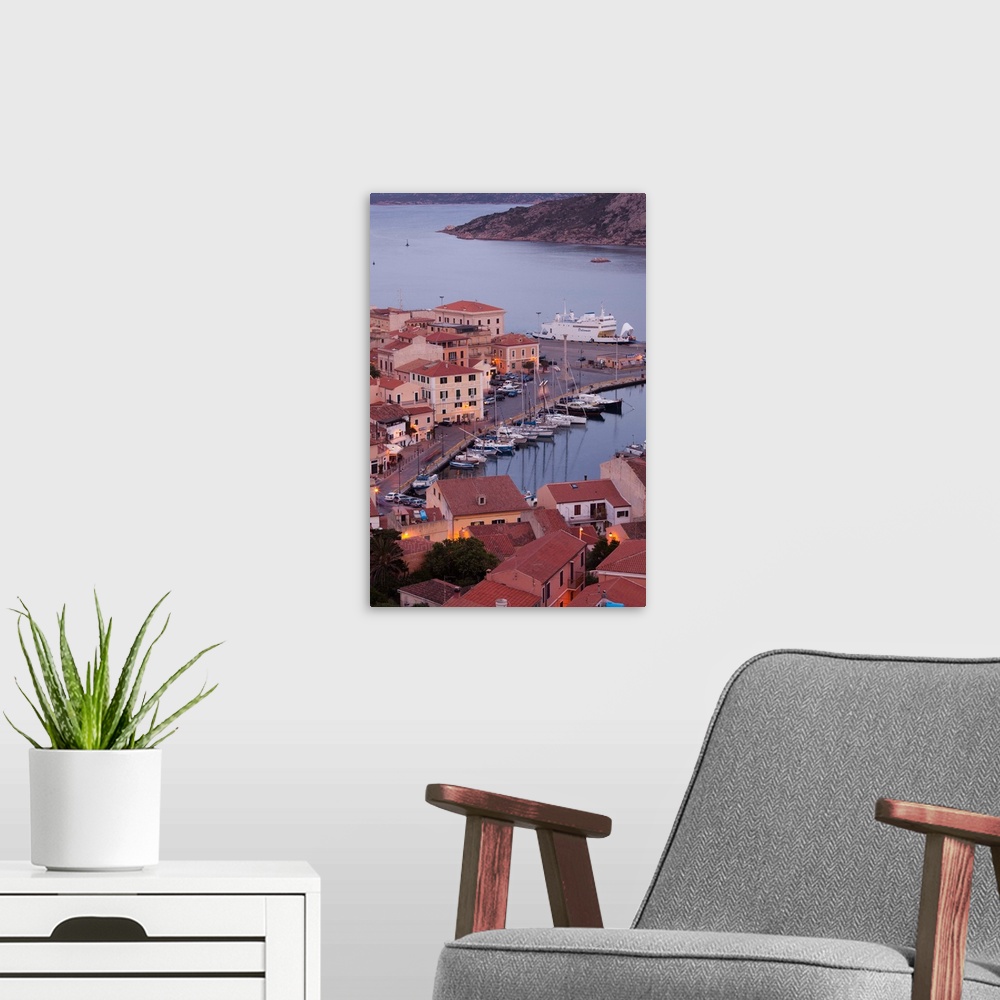 A modern room featuring Italy, Sardinia, Northern Sardinia, Isola Maddalena, La Maddalena,  aerial port view from the hil...