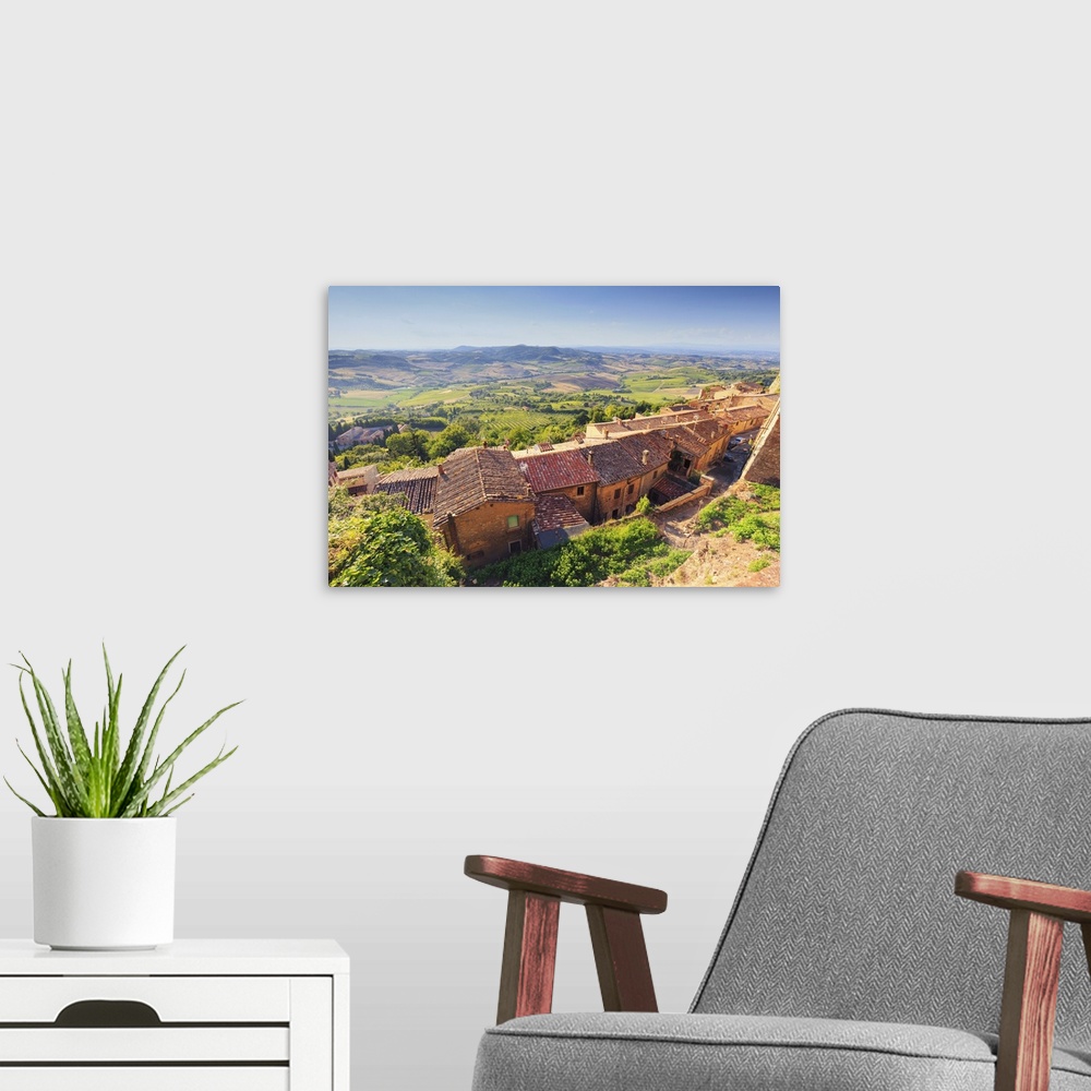 A modern room featuring Italy, Tuscany, Siena district, Val di Chiana, Montepulciano, view from ramparts.