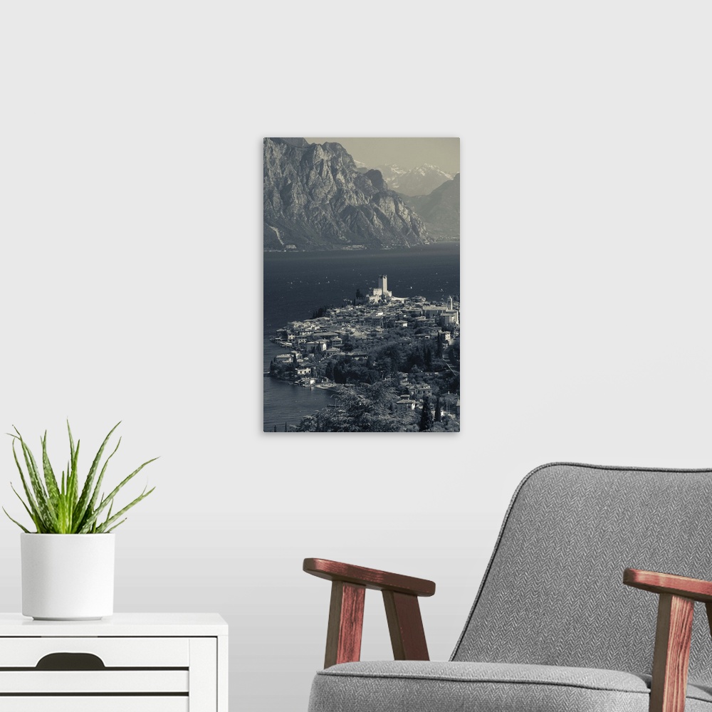 A modern room featuring Italy, Veneto, Lake District, Lake Garda, Malcesine, aerial town view