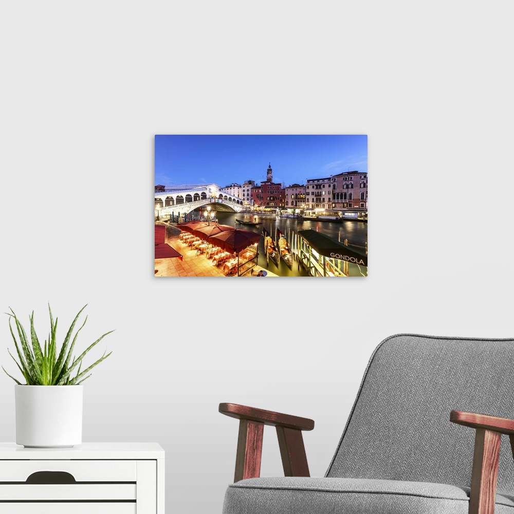 A modern room featuring Italy, Veneto, Venice. Rialto bridge at dusk, high angle view