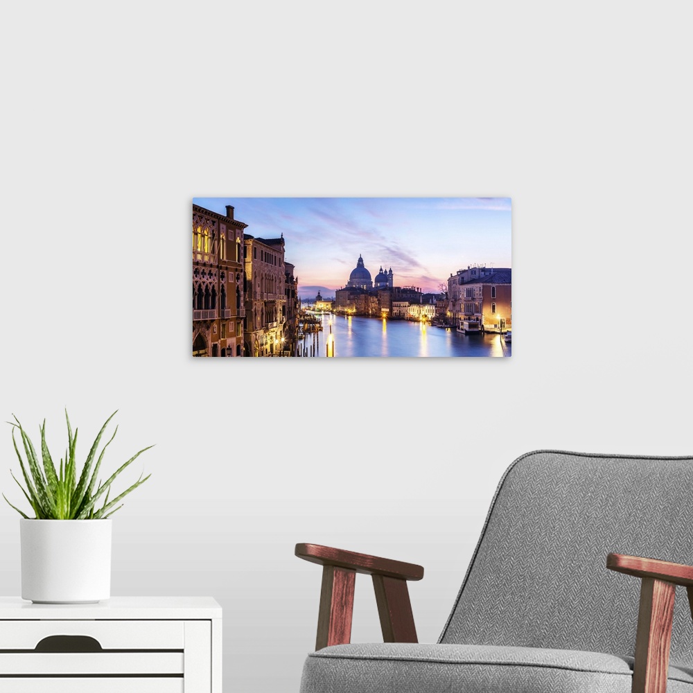 A modern room featuring Italy, Veneto, Venice. Santa Maria della Salute church and Grand Canal at sunrise