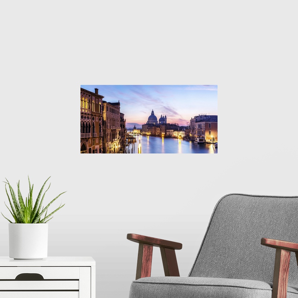 A modern room featuring Italy, Veneto, Venice. Santa Maria della Salute church and Grand Canal at sunrise