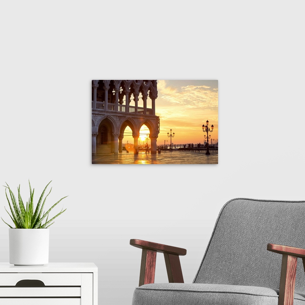 A modern room featuring Italy, Veneto, Venice. Sunrise over Piazzetta San Marco and Doges palace