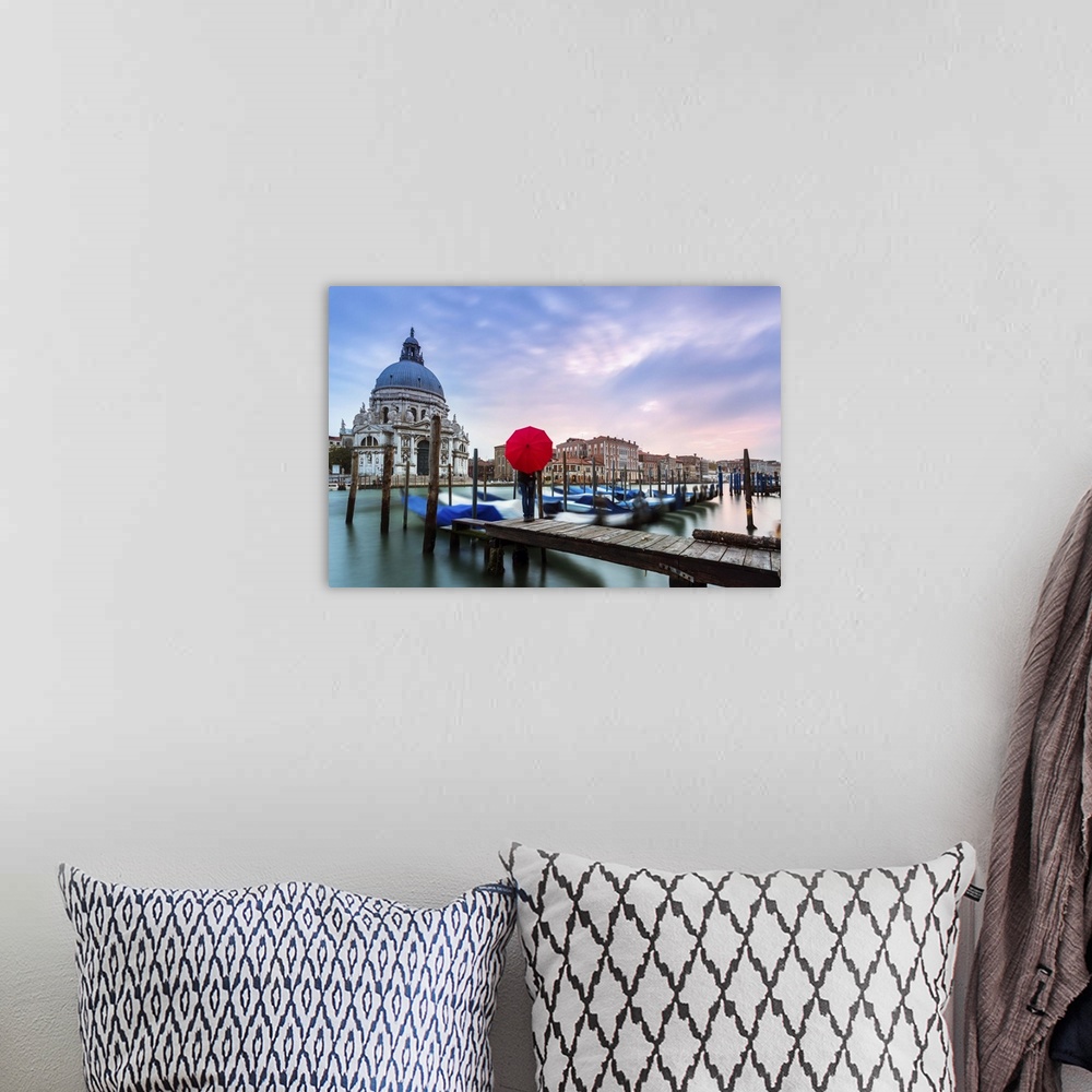 A bohemian room featuring Italy, Veneto, Venice. Santa Maria della Salute church on the Grand Canal, at sunset, woman stand...