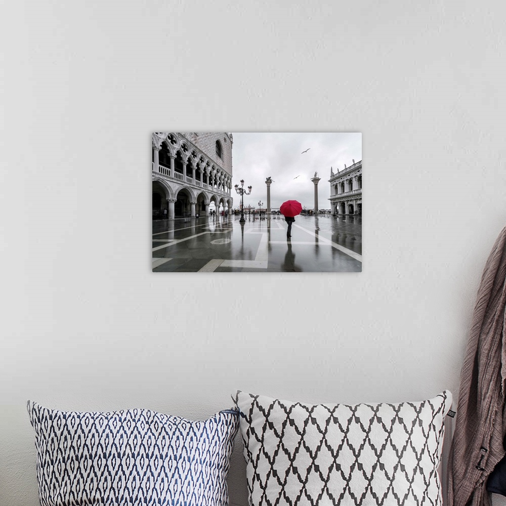 A bohemian room featuring Italy, Veneto, Venice. Woman with red umbrella in front of Doges palace with acqua alta (MR)
