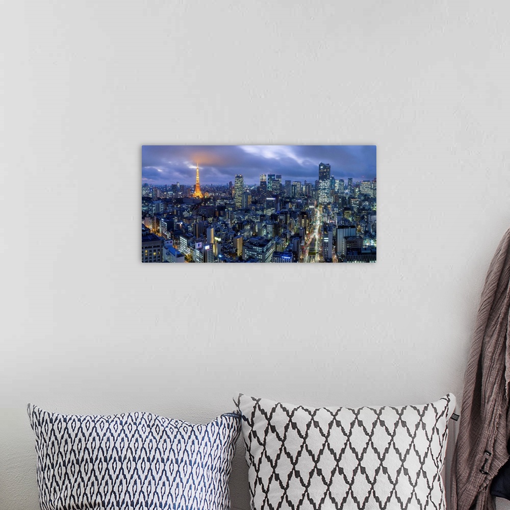 A bohemian room featuring Japan, Tokyo, elevated night view of the city skyline and iconic illuminated Tokyo Tower