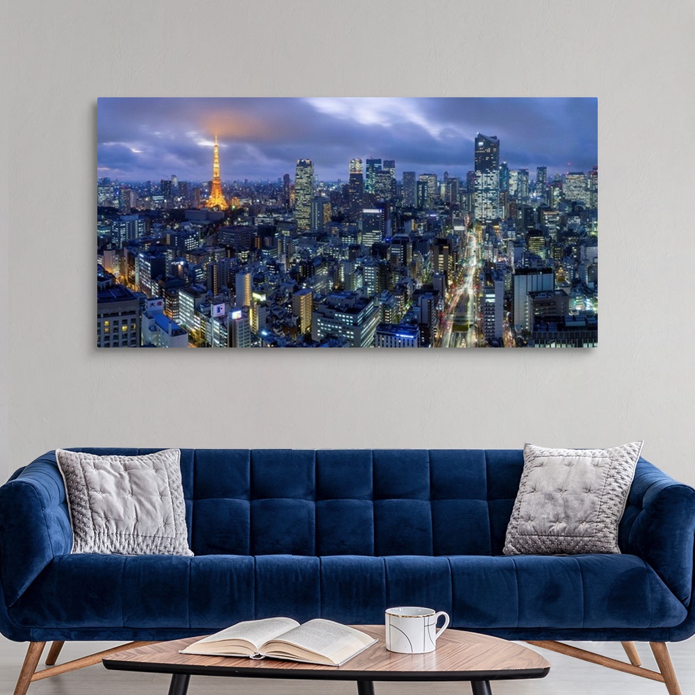 A modern room featuring Japan, Tokyo, elevated night view of the city skyline and iconic illuminated Tokyo Tower